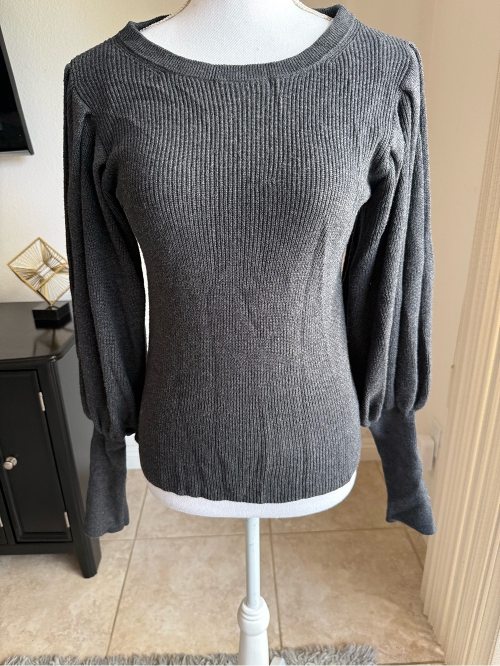 Vince Camuto, Ribbed Knit Balloon-Sleeve Sweater - Gray